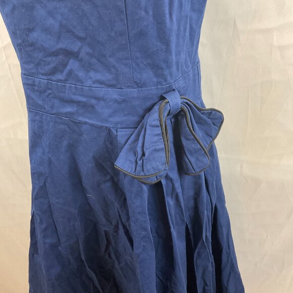 Lindy Bop Fit & Flare Dress US L Navy Blue Black Trim Pleated Sleeveless Bow - Picture 6 of 13